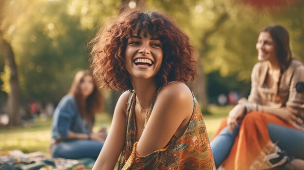 Foto generative ki: eine glückliche frau, die mit ihren kumpels im park spielt