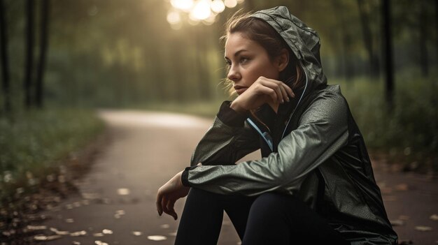 Foto generative ki einer sportlerin, die sich nach einem joggen im freien entspannt