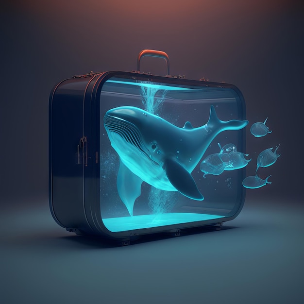 Generative KI eines Blauwals in einem Koffer auf dunklem Hintergrund
