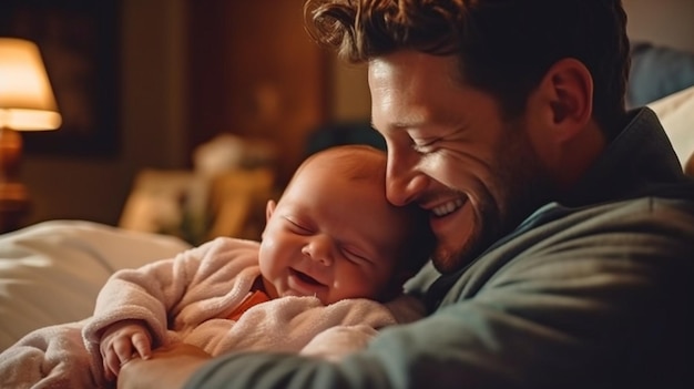 Generative KI eines glücklich lächelnden frischgebackenen Vaters, der ein wunderschönes Kleinkind kuschelt, das auf dem Rücken im Bett ruht