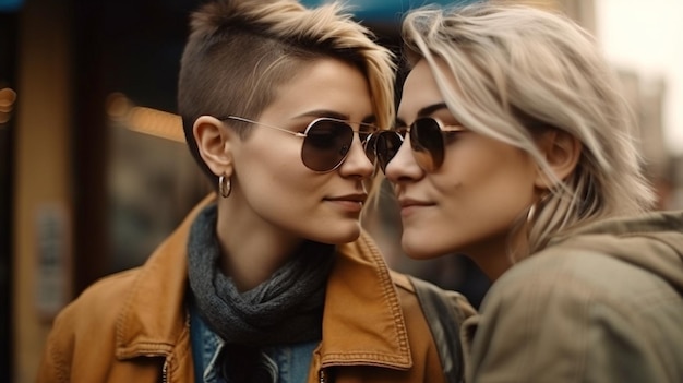 Generative KI eines liebenden lesbischen Paares auf der Straße