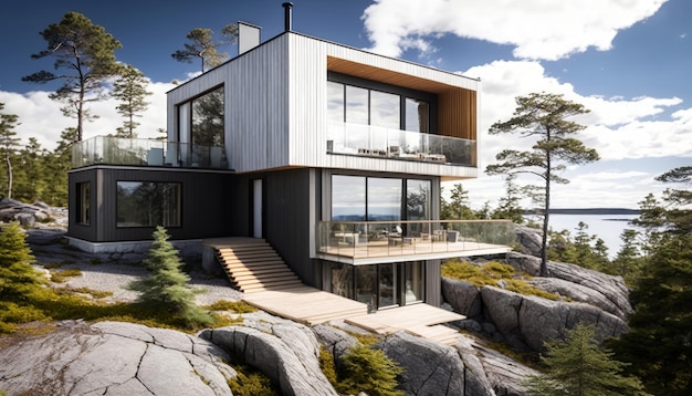 Generative KI eines modernen gemütlichen zweistöckigen Hauses auf der Holzplankenfassade des Hügels Klarer sonniger Sommertag mit blauem Himmel