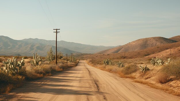 Generative KI einsame Straße in der Wüste ästhetisch gedämpfte neutrale Farben Kaktuspflanzen