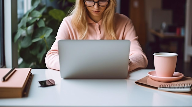 Generative KI erzeugt ein realistisches Bild einer Frau, die einen Computer in einer Büroumgebung mit rosa und schwarzen Accessoires benutzt