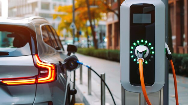 Generative KI-EV Stromversorgung für Elektrofahrzeuge Ladestation Auto laden im Stadtbild