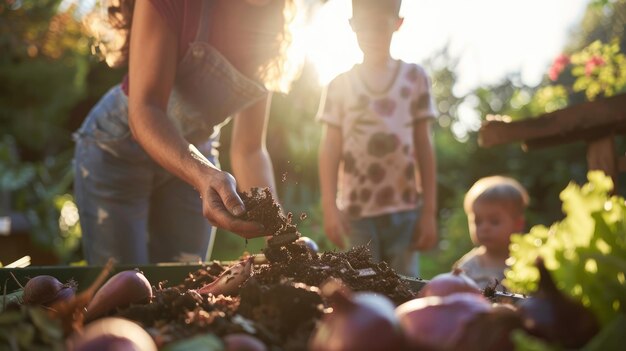 Generative KI Familie kompostet Lebensmittelabfälle im Garten in Kompostbeutel