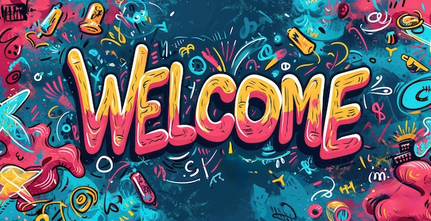 Generative KI Farbiges Wort Willkommen als Graffiti-Symbol auf der Wall Street Art geschmolzene Farbex9xA