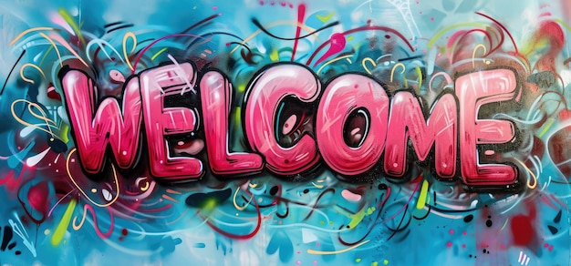 Generative KI Farbiges Wort Willkommen als Graffiti-Symbol auf der Wall Street Art geschmolzene Farbex9xA