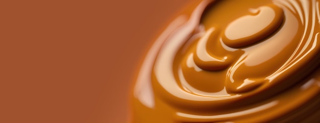 Generative KI Fließende Flüssigkeit mit Spritzern in Aprikosenfarbe. Banner mit glänzender Creme-Karamell-Flüssigkeit