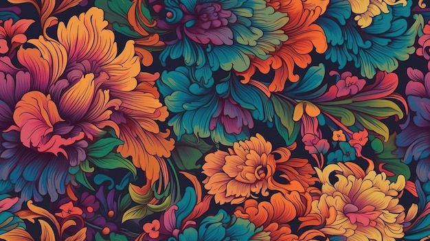 Generative KI Florales, farbenfrohes, nahtloses Muster Lisa Frank und James Jean inspirierten natürliche Pflanzen