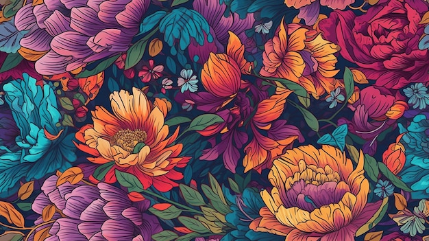 Generative KI Florales, farbenfrohes, nahtloses Muster Lisa Frank und James Jean inspirierten natürliche Pflanzen