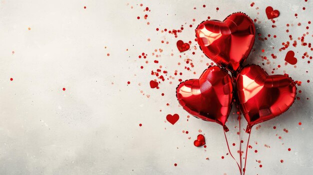 Generative KI-Folie rote Luftballons in Herzform und Konfetti für Valentinstag oder Hochzeit mit Kopierraum