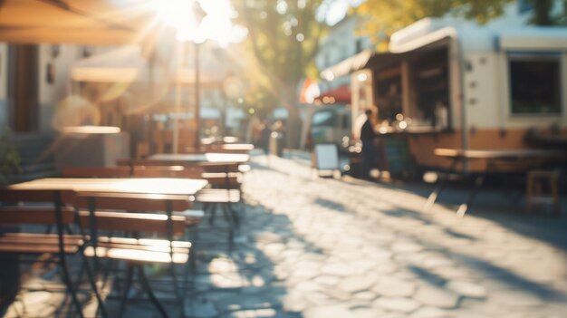 Foto generative ki food truck straßenfestival am morgen verschwommener hintergrund atmosphärischer bokeh