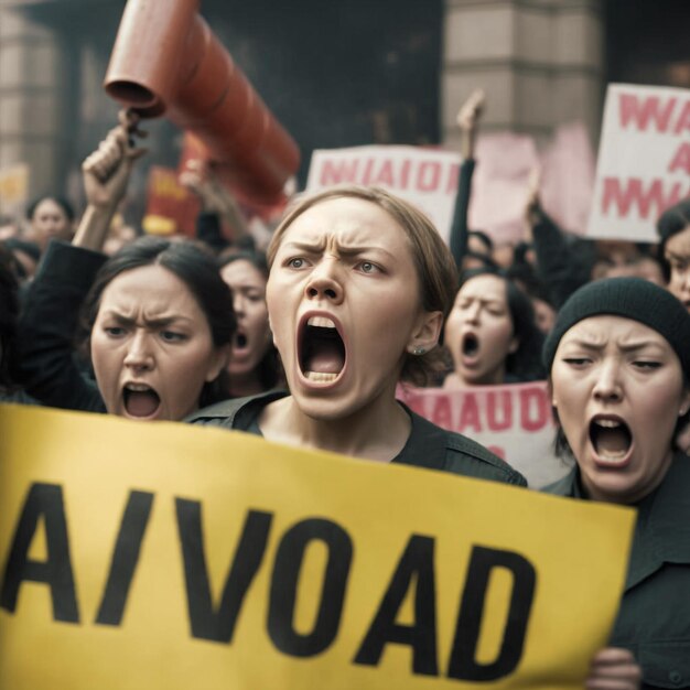 Generative KI-Frauen protestieren mit einer schreienden Menschenmenge, die für ihre Rechte protestiert