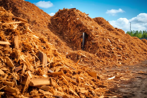 Generative KI Frontlader lädt Holzspäne auf Stapel im Lager. Der Lader arbeitet in der Holzspäne-Lagerstätte