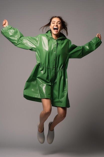 Generative KI Ganzkörperbegeisterte ethnische Frau im Regenmantel lächelt und springt im regnerischen Herbst auf