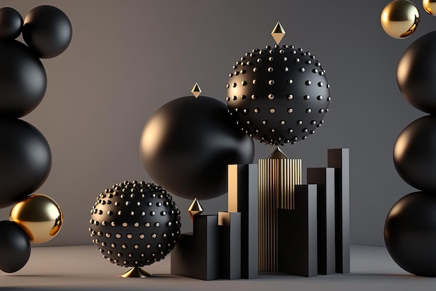 Generative KI-geometrische Figuren würfeln schwebende Kugeln in schwarz-goldener glänzender Banner-3D-Szene