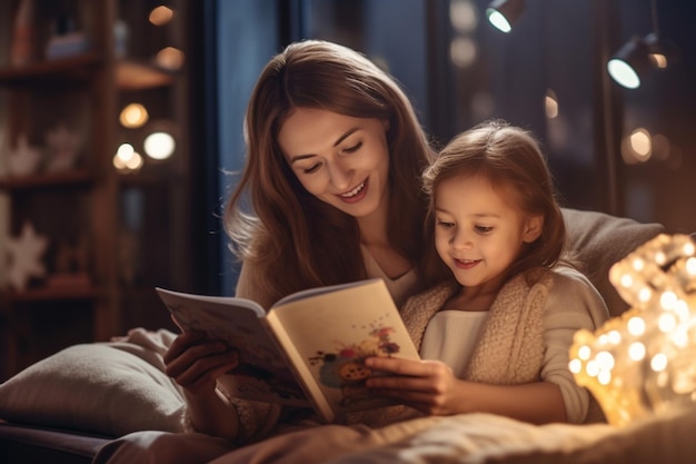 Generative KI glückliche Familie Mutter und Tochter lesen abends zu Hause ein Buch