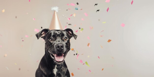 Generative KI Glücklicher Hund mit Partyhut feiert Geburtstag mit Konfetti und Ballons im Hintergrund