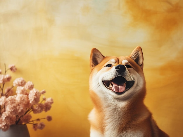 Generative KI Glücklicher Shiba-Inu-Hund auf gelbem Dogecoin Porträt eines rothaarigen japanischen Hundes mit Lächeln
