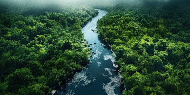 Generative KI, grüne, wunderschöne Amazonas-Dschungellandschaft mit Bäumen und Flussdrohnenblick