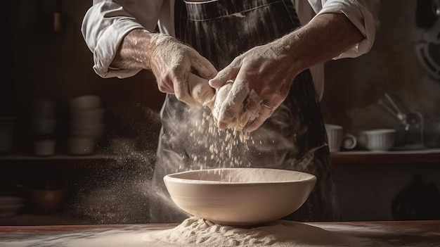 Generative KI-Hände des Bäckers im Restaurant oder in der heimischen Küche bereiten ökologisch natürliches Gebäck zu