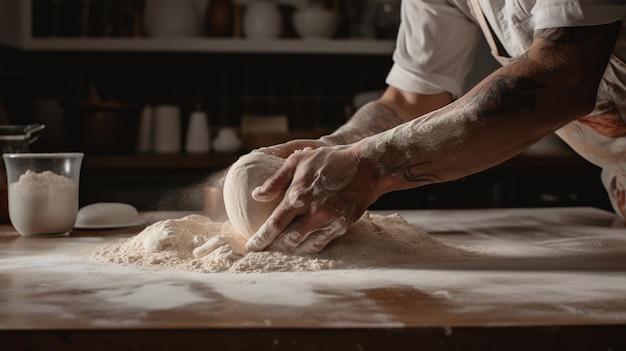 Generative KI-Hände des Bäckers im Restaurant oder in der heimischen Küche bereiten ökologisch natürliches Gebäck zu