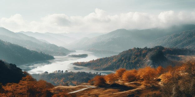 Generative KI Herbstliches ästhetisches Landschaftspanorama in gedämpften neutralen Farben