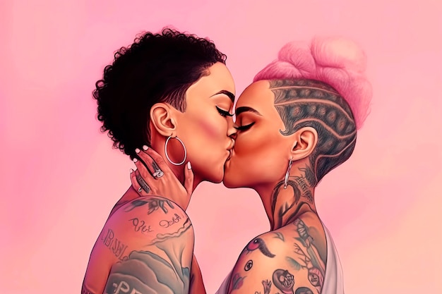 Generative KI-Hintergrundillustration von glücklichen Lesben, einem Kaukasier und einem Schwarzen, die sich während der Stolz-Schwulheit küssen