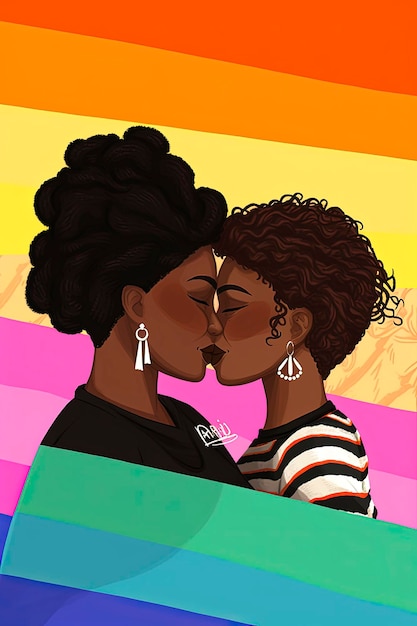 Generative KI-Hintergrundillustration von glücklichen Lesben, einem Kaukasier und einem Schwarzen, die sich während der Stolz-Schwulheit küssen