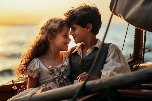Generative KI-Hintergrundillustration von romantischen Kindern Paar im Meer mit Sonnenuntergang Licht Liebeskonzept