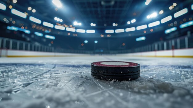 Generative KI Hockey-Arena mit Puck Close-up Sport Eislaufbahn Stadion