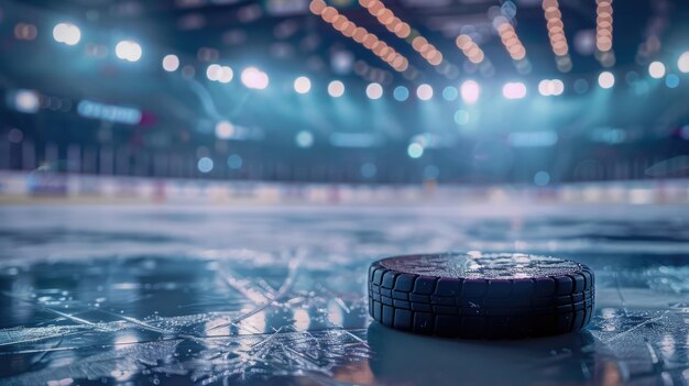 Generative KI Hockey-Arena mit Puck Close-up Sport Eislaufbahn Stadion