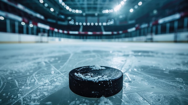 Foto generative ki hockey-arena mit puck close-up sport eislaufbahn stadion