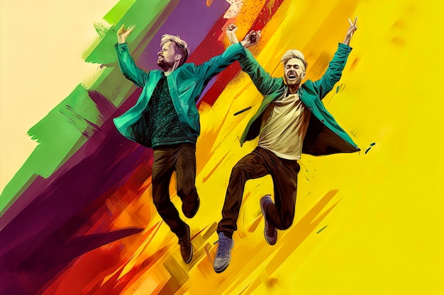 Generative KI-Illustration des Porträts zweier verliebter und sehr aufgeregter schwuler Männer in den Straßen der Stadt
