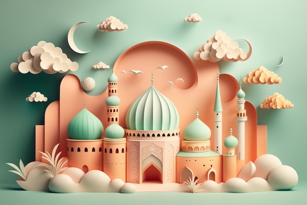 Generative KI-Illustration des Ramadan Kareem-Hintergrunds mit Moschee und Wolken