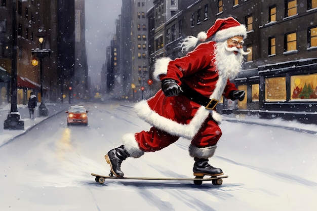 Generative KI-Illustration des Weihnachtsmanns auf einem Skateboard, der an einem verschneiten Tag an Weihnachten durch die Straßen von New York schlendert. Digitale Kunst