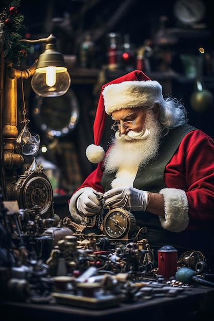 Generative KI-Illustration des Weihnachtsmanns, der an Weihnachtstagen Spielzeug in einer Fabrik im Licht einer Glühbirne herstellt