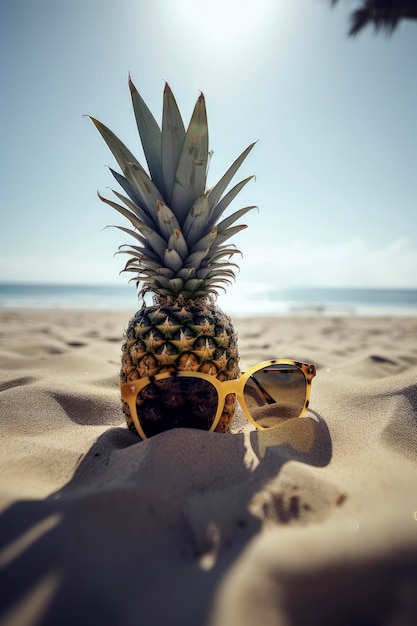 Generative KI-Illustration einer Ananas am Strand mit Sonnenbrille an einem sonnigen Tag mit tropischen Farben