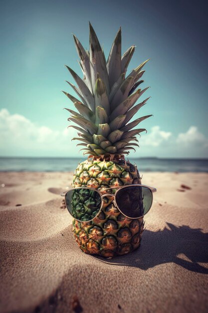 Generative KI-Illustration einer Ananas am Strand mit Sonnenbrille an einem sonnigen Tag mit tropischen Farben