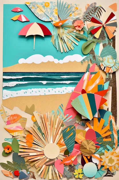 Generative KI-Illustration einer coolen trendigen Collage des Sommers am Strand, handgefertigt auf Scrapbook-Papier mit lebendigen Farben