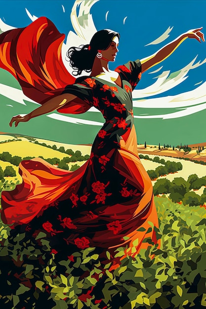 Generative KI-Illustration einer Flamenco-Tänzerin auf einem andalusischen Landschaftshintergrund. Stilillustration: Typisch Spanisch