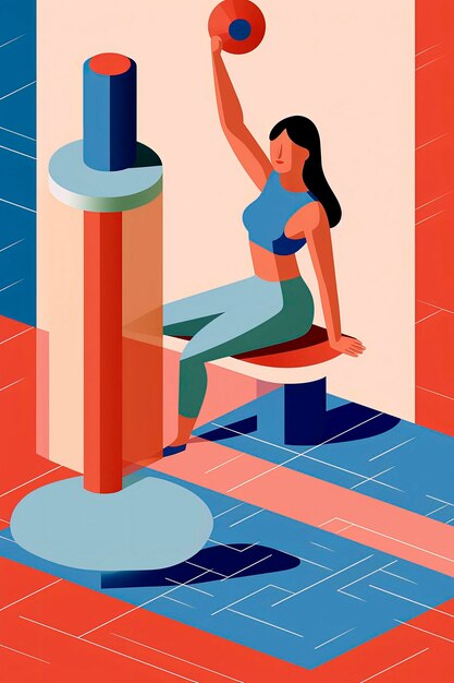 Generative KI-Illustration einer Frau, die Fitnessübungen in einem Fitnessstudio im minimalistischen Illustrationsstil macht Digitale Kunst