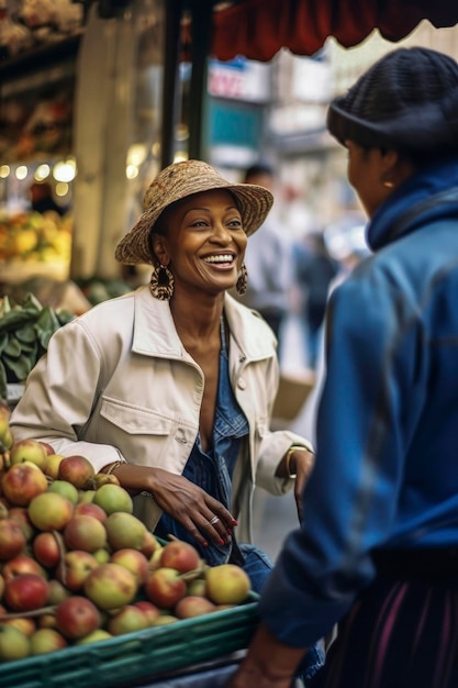 Generative KI-Illustration einer glücklichen schwarzen Frau, die auf einem Straßenmarkt frisches Obst kauft