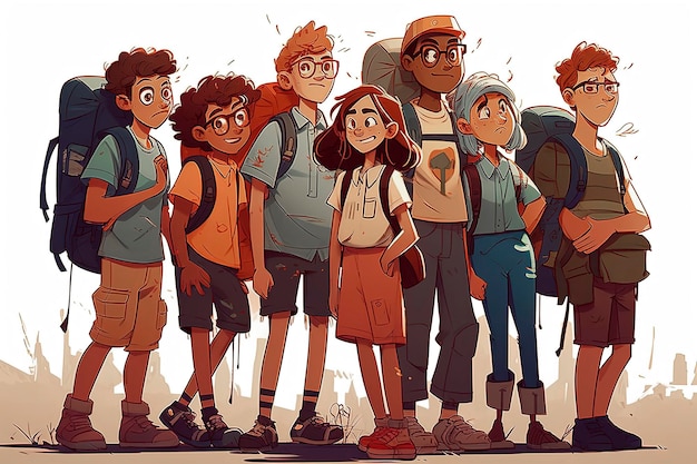 Generative KI-Illustration einer Gruppe 10-jähriger Schüler am Eingang einer Schule am ersten Unterrichtstag