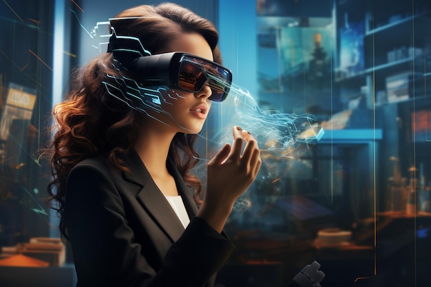 Generative KI-Illustration einer jungen Frau in einem Büro, die mit einer virtuellen Brille arbeitet