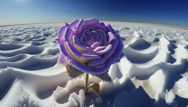 Generative KI-Illustration einer lila Rose in der mit Schnee bedeckten Wüste