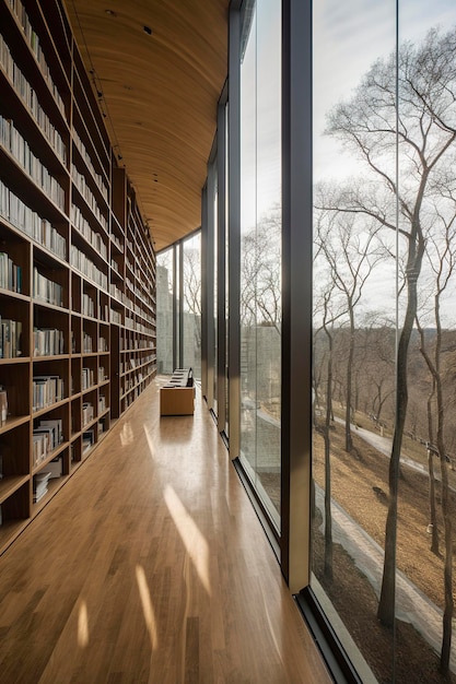 Generative KI-Illustration einer modernen und futuristischen Bibliothek aus recyceltem Holz mit großem Fenster mit Blick nach außen