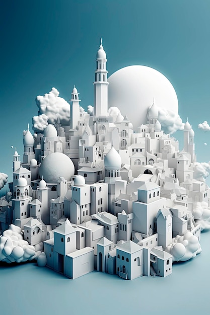 Generative KI-Illustration einer muslimischen Stadt mit vielen Moscheen, die am Himmel schweben, umgeben von weißen Wolken, dem muslimischen Paradies