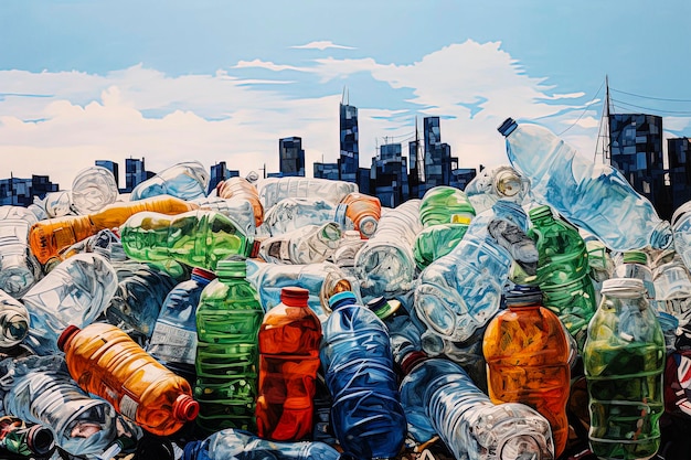 Generative KI-Illustration einer schmutzigen Stadt, umgeben von nicht recyceltem Müll